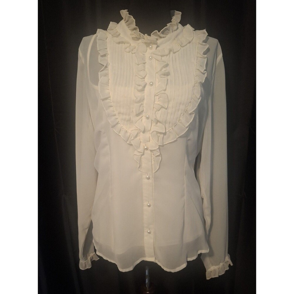 Vtg Y2K Ivory Sheer Ruffle Blouse Fairy Romantic Coquette High button neck XL